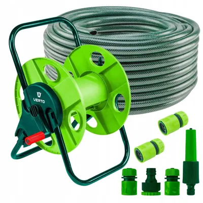Produktbild von Schlauchtrommel + Gartenschlauch 30m + Wasserspritze + 3 x Schlauchverbinder, Wasserstop, Hahnverbinder - Gartenbewässerung Komplettes Starterset