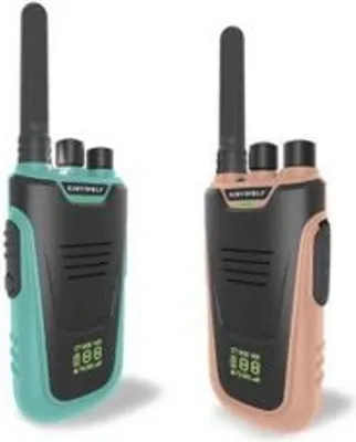 Two walkie-talkies, one teal and one pink, are shown against a white background.