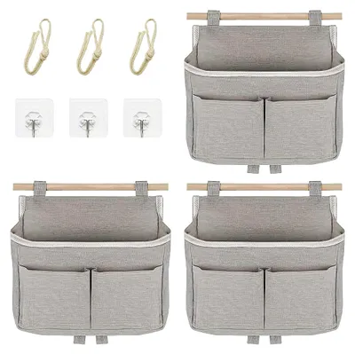 Produktbild von 3er Set Hängeorganizer für Camping mit hoher Kapazität, faltbarer Leinen Wand Organizer, hängende Tasche mit 3 Fächern und Klebestreifen für Büro, Zuhause, Schlafsaal, Bad (Grau)