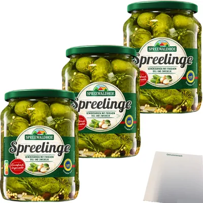 Produktbild von Spreewaldhof Spreelinge Gewürzgurken mit Dill und Zwiebeln 3er Pack (3x670g Glas) + usy Block