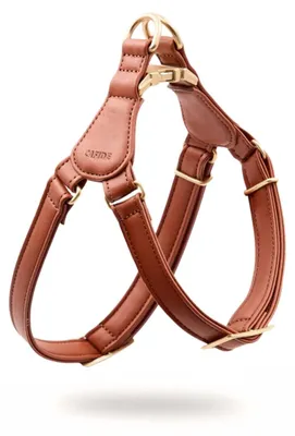 Produktbild von Jala Hundegeschirr Braun S (26–38 cm Brust, 15–25 cm Hals) – Step-In Geschirr aus veganem Lignify® Leder, handgemacht in Europa, mit Zamak-Sicherheitsverschluss, nachhaltig & stabil