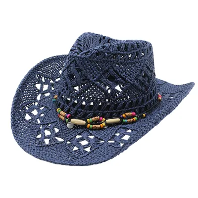 Produktbild von Cowboyhut Uni Strohhut mit Breite Krempe Sommerhut Strandmütze, Dunkelblau