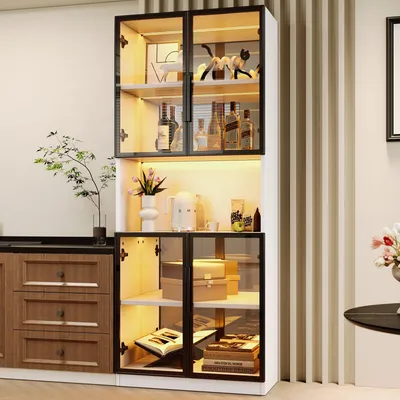 Image de Vitrine éclairée par LED, modèle Merax, avec fond miroir et portes en verre trempé gris, idéale pour l'exposition, dimensions : 70 x 30 x 170 cm, couleur : blanc