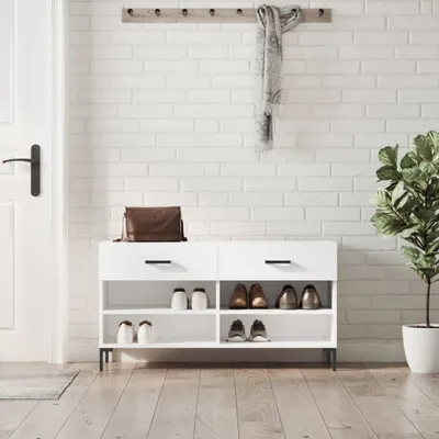 Zdjęcie produktu dla vidaXL Ławka na buty biały wysoki połysk 102x35x55 cm materiał drewnopochodny - Ławka na buty - Ławki na buty - Ławka z miejscem do przechowywania - Stojak na buty