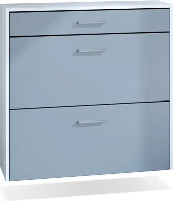 Produktbild von InnoFurn hängender Schuhschrank Roma Air Schmal mit 2 Klappen und 1 Schublade, Platzsparender Schuhkipper Flurschrank für Diele Flur Garderobe, Weiß matt/ Denim (89 x 87 x 23 cm)