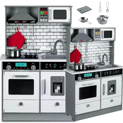 Immagine prodotto di Cucina giocattolo in legno per bambini, grande + accessori + luce a LED. Pentole con accessori