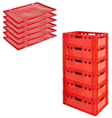6x Euro-Plastikkiste E2, rot, mit Griff auf jeder Seite und ein passende Deckel
