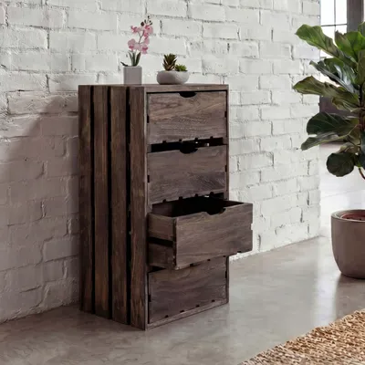 Productafbeelding van Kommode HWC-C62, ladekast van hout, vintage look met verweerde uitstraling, 4 lades, 70x32x26 cm bruin