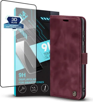 Produktbild von Handy Hülle für Samsung Galaxy S23 Ultra mit 9H Displayglas Klapphülle Bookcase Flip Cover Handy Tasche Etui Farbe: Weinrot