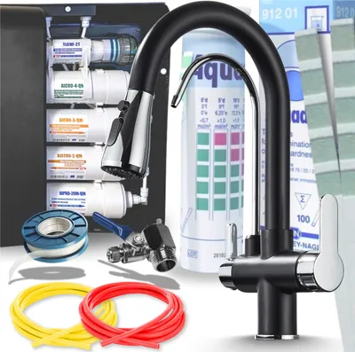 Produktbild von Ari Nordic 3-Wege Küchenarmatur Schwarz Chrom Ausziehbar mit 5-Stufen Wasserfiltersystem Untertisch Trinkwasserfilter