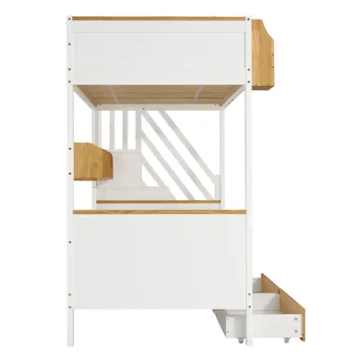 Produktbild von Merax Etagenbett 90x200cm mit Treppe und Schließfächer, Kinderbett mit Schubladen, Stockbett mit Regal, Kiefer Hochbett mit Rausfallschutz, Weiß/Natur