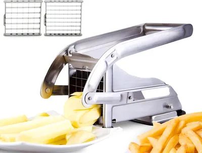 Produktbild von Pommes-Frites-Schneider - Kartoffelschneider - Für die Zubereitung von Pommes Frites - Selbstgemachte Pommes Frites - Zwei Messereinsätze - 25 cm - Silberfarben