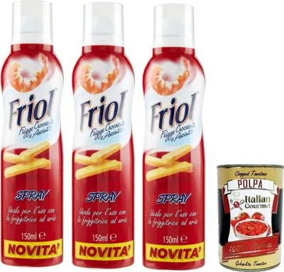 Produktbild von Friol Olio Spray, Sprühöl, ideal für die Verwendung mit der Heißluftfritteuse, Für knuspriges und trockenes Frittiergut 3x 150ml + Italian Gourmet polpa 400g