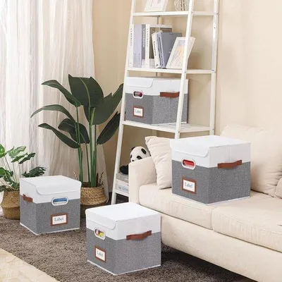 Image de Bacs de rangement pliables, lot de 4, 38 x 25 x 25 cm, blanc/gris