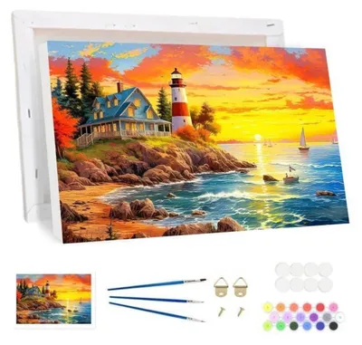 Immagine prodotto di Kit per dipingere per numeri con cornice, soggetto: faro, fiori, spiaggia, dimensioni 20x30 cm, ideale per adulti e principianti, kit fai-da-te con tela, pennelli e colori acrilici