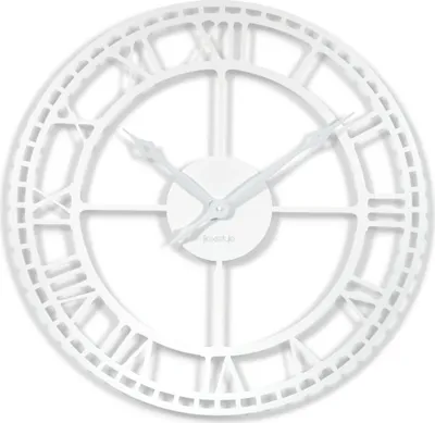 A white, vintage-style wall clock with Roman numerals.