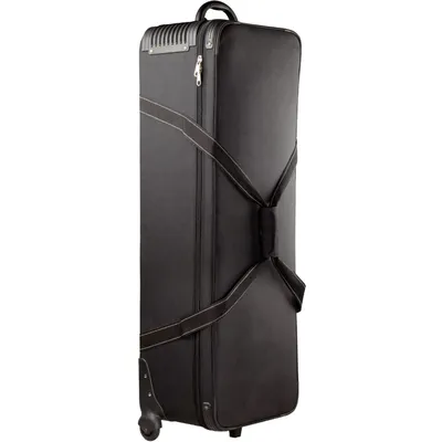 A black trolley bag for studio flash units.