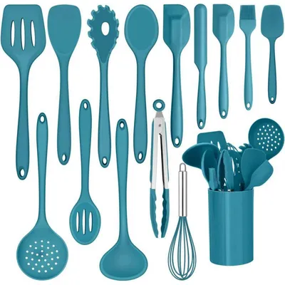 Image de Ensemble d'ustensiles de cuisine en silicone, 15 pièces, résistant à la chaleur, avec support, couleur bleue