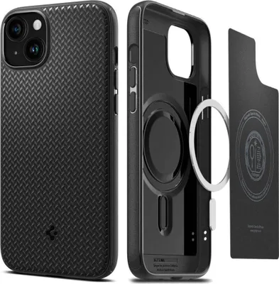 A black iPhone case with a textured pattern is shown from the back and side, along with its internal components and a magnetic ring.