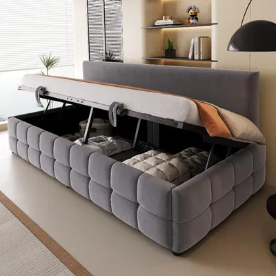 Immagine prodotto di Letto imbottito 90x200 cm con spazio contenitore a sollevamento idraulico, rivestito in velluto color grigio scuro, senza braccioli, con rete a listelli, ideale per la camera da letto