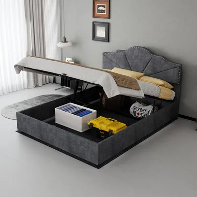 Zdjęcie produktu dla Łóżko tapicerowane o wymiarach 180x200 cm w kolorze beżowym, z 4 szufladami, funkcją ładowania USB i typu C w zagłówku, obite tkaniną lnianą i ozdobione złotymi paskami