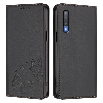 Produktbild von Lederhülle für Samsung Galaxy A7 2018, Schmetterling Prägung Leder Brieftasche Schutzhülle mit Ständer Schwarz