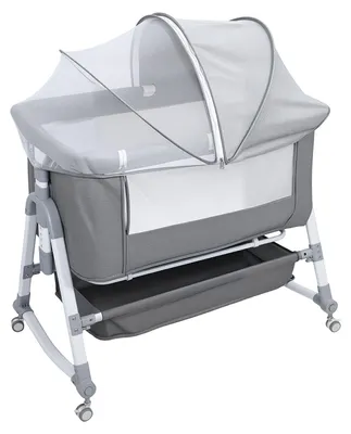 Produktbild von Baby-Beistellbett, 3-in-1-Babywiege mit großer, gebogener Wiege, höhenverstellbare Beistellwiege, bewegliche Beistellwiege mit Moskitonetz (Grau)