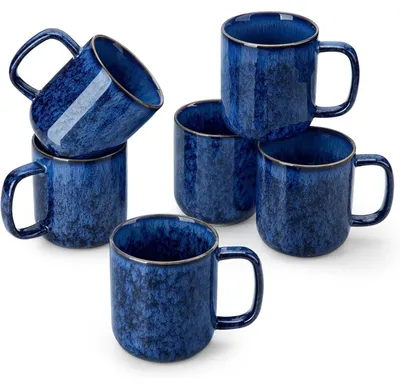 Productafbeelding van Koffiemokken set, 6 stuks, steengoed, 360 ml, blauw, sterrenmotief, vaatwasmachinebestendig, magnetronbestendig