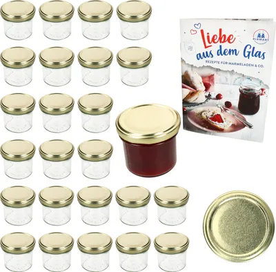 A set of small glass jars with gold lids, a single jar filled with red jam, and a recipe booklet.