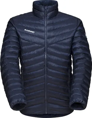A navy blue MAMMUT down jacket is shown from the front against a white background.