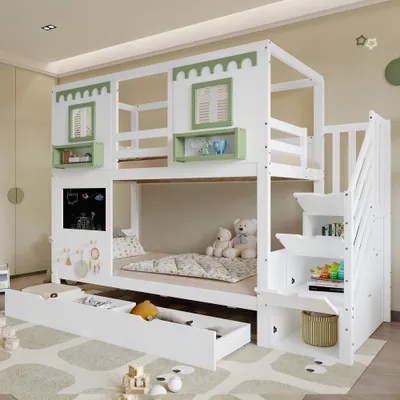 Productafbeelding van Stapelbed, kinderbed, met klein paneelgedeelte + 5 bijgeleverde houten haken, twee lades, met opbergkast voor de trap, wit en groen, 90x200 cm