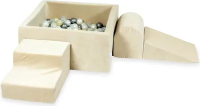 Obrázek produktu pro Pěnové hřiště se čtvercovým bazénem 90x90x40 Sametově béžové + 400 míčků: Světle zlatá, stříbrná, perleťová, průhledná