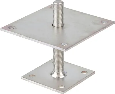 A metal post anchor with a threaded rod and two square plates, shown against a white background.
