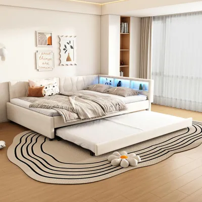 Produktbild von Tagesbett und Schlafsofa aus Leinen, mit USB+Typ C,LED, Bett mit ausziehbarem Bett und Lattenrost, Ablagefach am Bett, ohne Matratze, Beige, 140x200cm