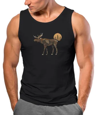 Produktbild von Herren Tank-Top Shirt Printshirt mit Aufdruck Polygon Elch Outdoor Motive Wandern Natur Wald Muskelshirt Neverless® schwarz 3XL