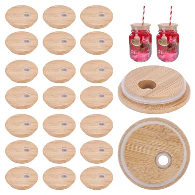 60 Bambusdeckel 70 mm mit Strohhalmloch für Gläser