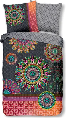 A folded duvet cover and pillowcase set with a colorful mandala pattern on a dark gray background.