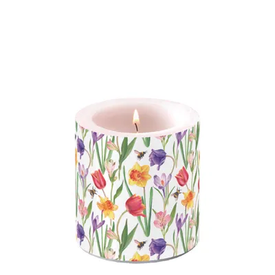 Image de Bougie Ø 7,5 cm Hauteur 9 cm Fleurs Abeilles Tulipes