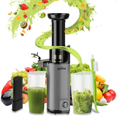 Produktbild von HOMELUX Slow Juicer Kleiner Entsafter Sicherheitsverriegelung, Mini, kompakt , 120 W , Geräuscharm, mit 2 Tassen, Reinigungsbürste, Grau