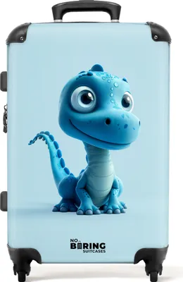 Obrázek produktu pro NoBoringSuitcases.com® Velký kufr - Modrý dinosaurus s výraznýma modrýma očima - Kombinovaný zámek TSA - Pevná skořepina na kolečkách - 4 kolečka - 72 litrů - Cestovní kufr - 66 cmKufr Medium 67x43x25 cm, 72L,