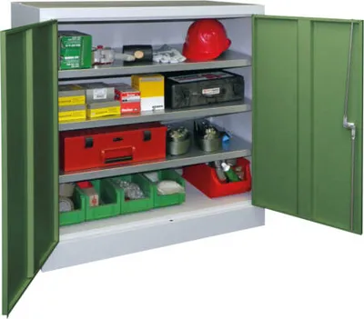 Produktbild von Stahlschrank - Vollblechtür - 2 Einlegeböden, 2 Ausziehböden, 2 Schubladen - 1.000x1.000x500 mm (HxBxT) - feuerrot/lichtblau