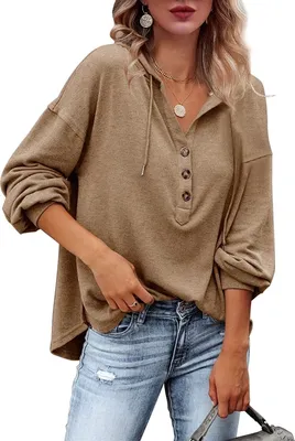 Produktbild von ASKSA Damen Kapuzenpullover Sweatshirts Hoodies Kordelzug Tiefer V-Ausschnitt Knopfleiste Tops, Khaki, S