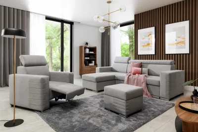 Produktbild von Ecksofa inkl. Hocker und Sessel CANTON Stoff Camelia Hellgrau Ottomane Links