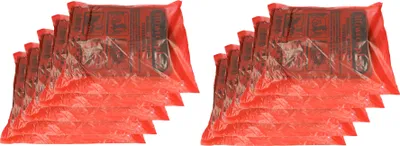 A stack of red plastic sheeting, likely tarps or drop cloths, arranged in two columns.