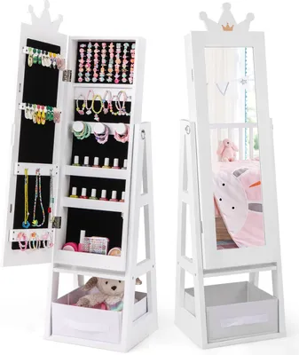 Image de COSTWAY Armoire à bijoux pour enfants 3 en 1, armoire à glace inclinable avec miroir intégral & panier de rangement, en forme de couronne pour enfants à partir de 3 ans Blanc
