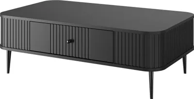 Zdjęcie produktu dla Stolik kawowy Vesper z szufladą – elegancki czarny MDF z metalowymi nogami | Kolor: czarny | Wymiary: 103 x 60 x 35