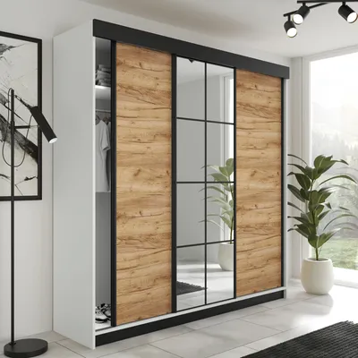 Produktbild von FurMeb24 3-türiger Schiebetürenschrank LAMER 200x205 cm Kleiderschrank mit Spiegel (weiße + goldene Eiche)