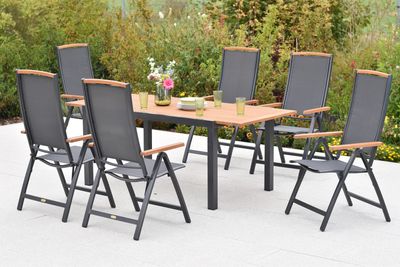 Merxx "Siena" Gartenmöbel Set 7tlg., 6 Klappsessel, Ausziehtisch 150 (200) x 90 cm, Aluminium/Akazie/Textil