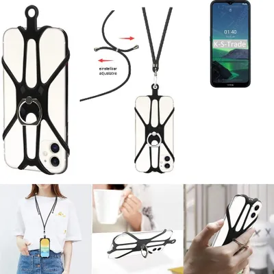 Produktbild von K-S-Trade 3in1 Handykette Handyband Handykordel Halsband Smartphone-Ring Handy-Ring kompatibel mit Nokia 1.4 Fingerhalterung Handyring Tischständer