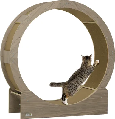 Image de PawHut Roue d'exercice pour chat 91 cm, grande roue de course avec frein sécurisé et tapis de grattage amovible, tapis roulant ultra silencieux, pour perte poids, santé d'animaux de compagnie, marron